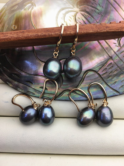 1 pair AAA 9.5-10mm green blue rice pearl dangle earrings,rose gold plated S925 Sterling Sliver pearl earrings,SE3-T24