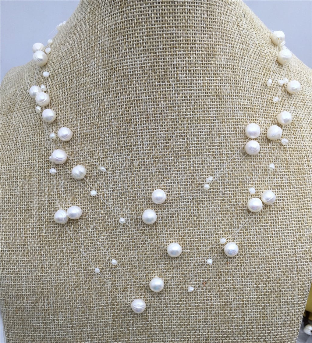 floating necklace,illusion necklace,multistrand necklace, white pearl necklace,bridesmaid necklace,NPN3-007