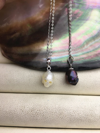 AAA 8mm white/pink/purple/gray/black handmade carved skull freshwater pearl pendant necklace,S925 Sterling silver pendant,NC1-012-9