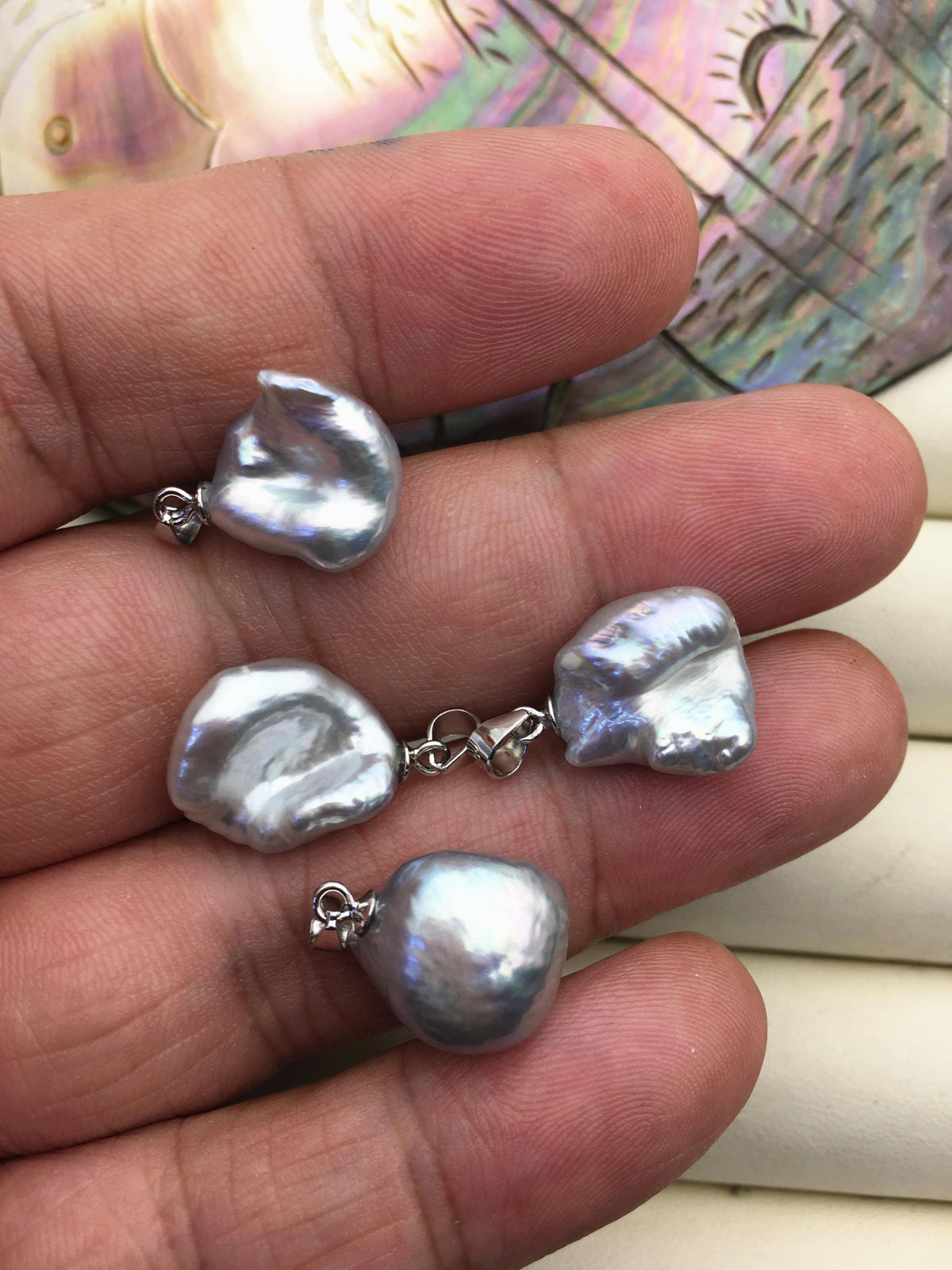 2pcs AAA 12-14mm Gray Bow Shape Keshi freshwater pearl pendant,sterling silver,NC1-T54