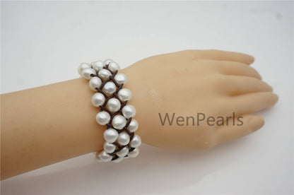 Three Rows nugget Pearl fashion jewelry,pearl Leather Pearls Bracelet - plait leather bracelet - Genuine freshwater pearl - Le7-161