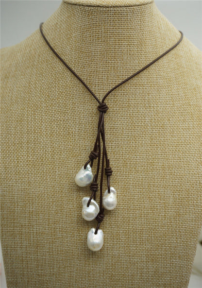 Flameball Freshwater Pearl and Leather Drop Necklace,Huge pearl necklace,Pearl Leather Necklace,White Leather Pearl necklace,Le2-037