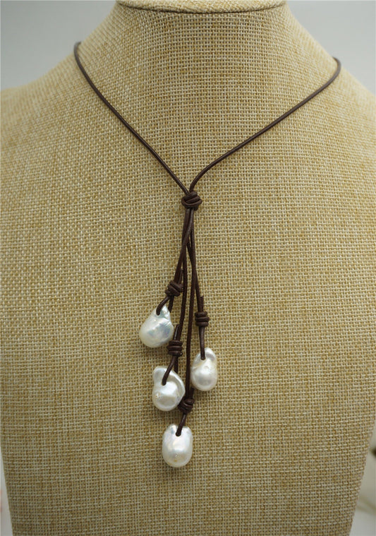 Flameball Freshwater Pearl and Leather Drop Necklace,Huge pearl necklace,Pearl Leather Necklace,White Leather Pearl necklace,Le2-037