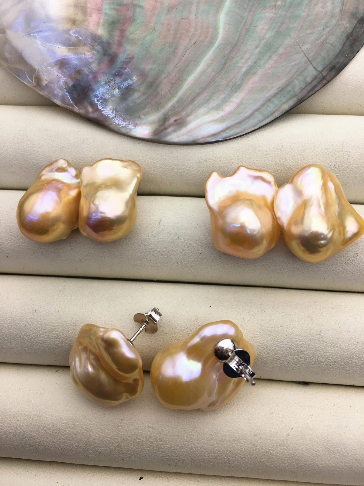 1 pair AAA 13-17mm peach orange flame ball pearl stud earrings,sterling silver,earring with gray baroque Natural Pearl,SE3-031-14