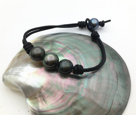 11mm Three Round Green Black Tahitian pearl Leather Cord bracelet,SELECT leather color, Pearl Leather bracelet,Le10-012