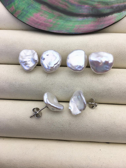 1 pair AAA 11-12mm white Natural keshi Freshwater Pearl Stud Earrings,Stud Earrings for Women Girls,SE3-001