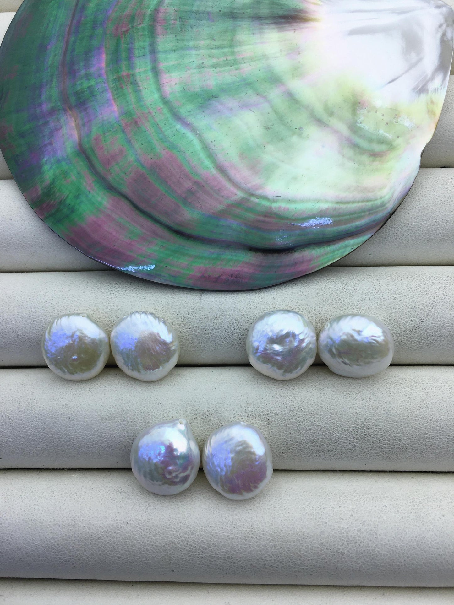 2 pairs AAA 13-14mm White Thick Coin Freshwater Pearl White loose Beads Pair,top half hole,ZS-103-37-24
