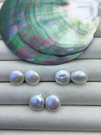 2 pairs AAA 13-14mm White Thick Coin Freshwater Pearl White loose Beads Pair,top half hole,ZS-103-37-24