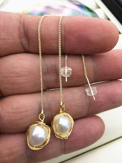 Handmade baroque pearl long stud earrings,earring with white baroque Natural Pearl,SE3-120-13