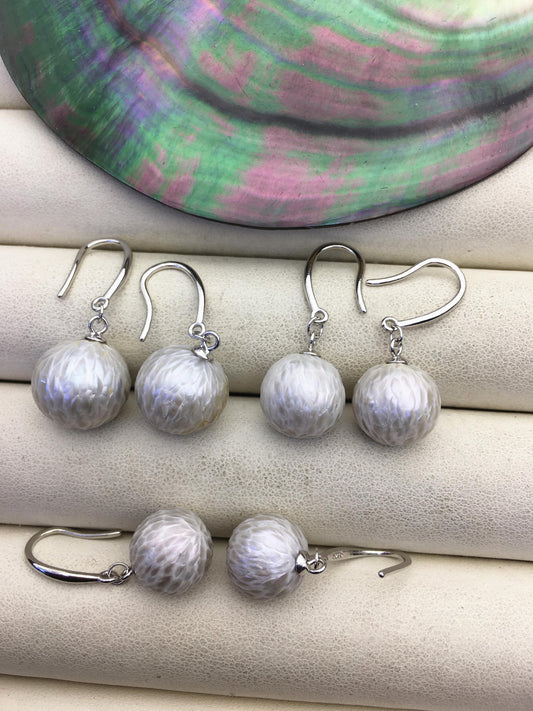 1 pair AA+ 11-13mm gray handmade carved round pearl dangle earrings,S925 sterling silver earrings,SE3-T9-42
