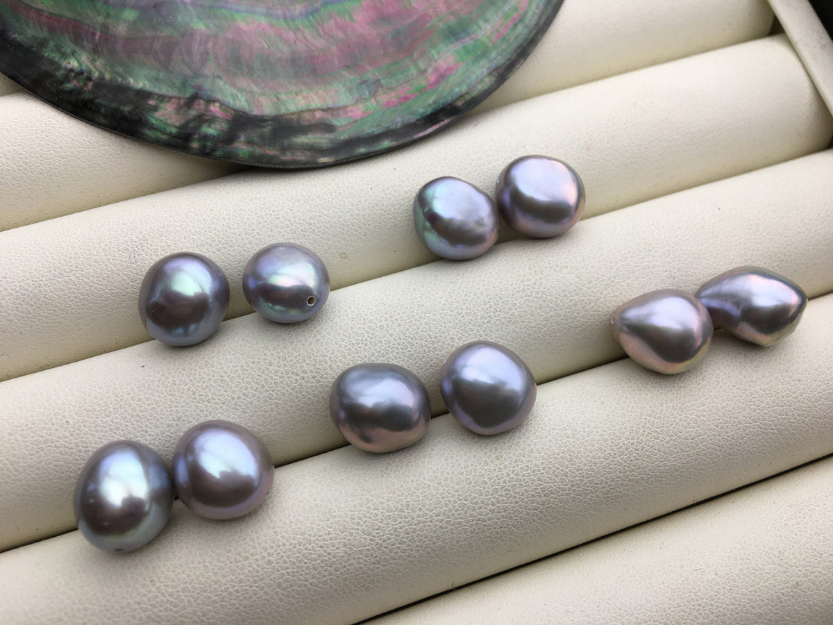 2 pairs AAA/AA+ 11mm big Gray Nugget Freshwater Pearl White loose Beads Pair,no hole,ZS-103-37-32