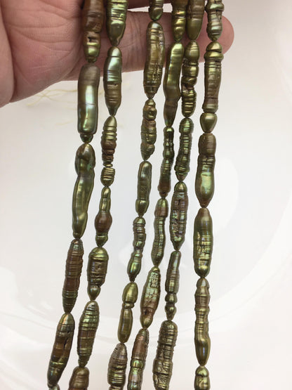 A 6-7mm green yellow toothpick Biwa Pearl Necklace,Genuine Fresh Water Pearl,Wedding Necklace,Mothers Day,ZS-80-10-14