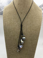 4 big Gray flameball pearl leather drop necklace,Pearl and Leather Lariat Necklace,Leather Pearl necklace,Le4-059