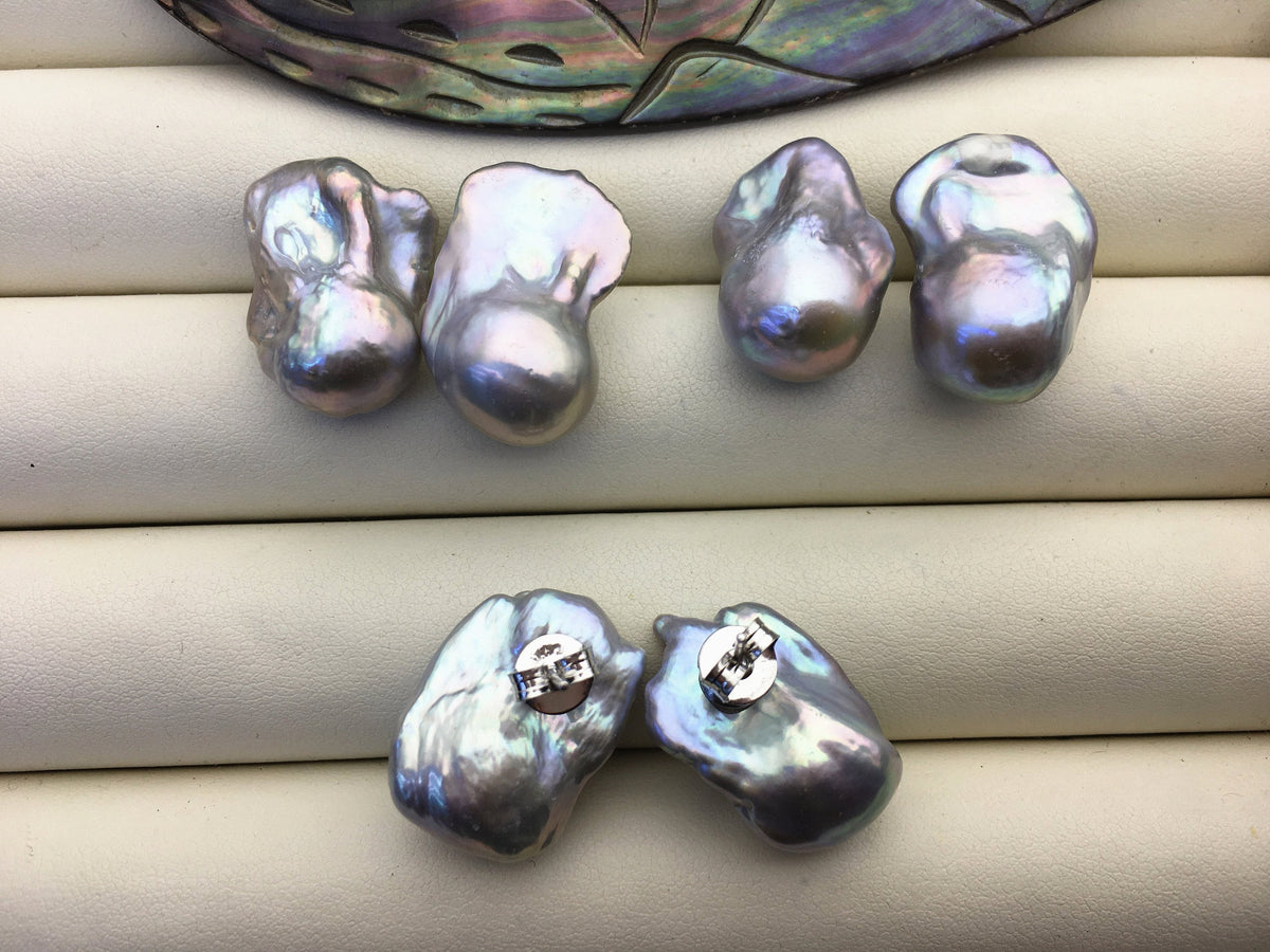 20% OFF 1 pair AAA 13-16mm gray flame ball pearl stud earrings,sterling silver,earring with gray baroque Natural Pearl,SE3-031-10