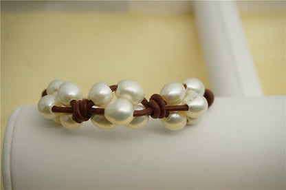 Rice white pearl leather necklace,twisted leather pearl bracelet, knotted freshwater pearl bracelet,Leather Pearls Bracelet,Le7-060