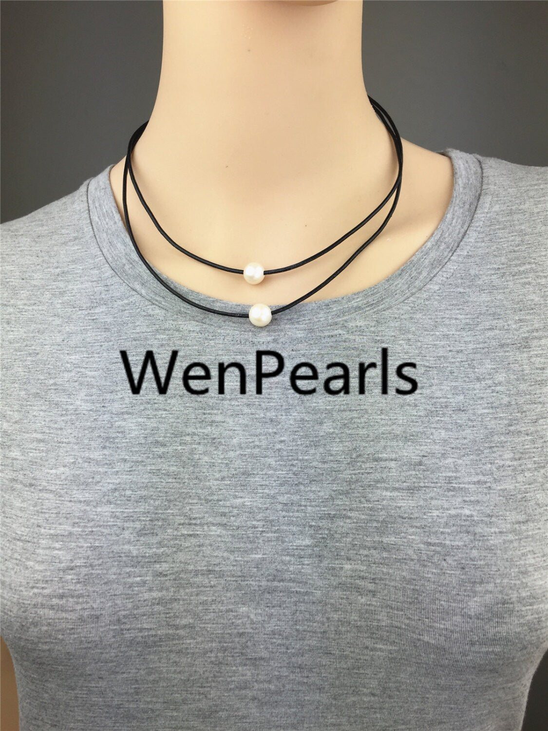 2 rows pearl necklace,Leather Necklace,9-10mm round pearl,High Luster pearl, Pearl Leather Necklace,Black Leather Pearl necklace,Le1-047
