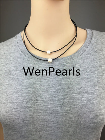 2 rows pearl necklace,Leather Necklace,9-10mm round pearl,High Luster pearl, Pearl Leather Necklace,Black Leather Pearl necklace,Le1-047