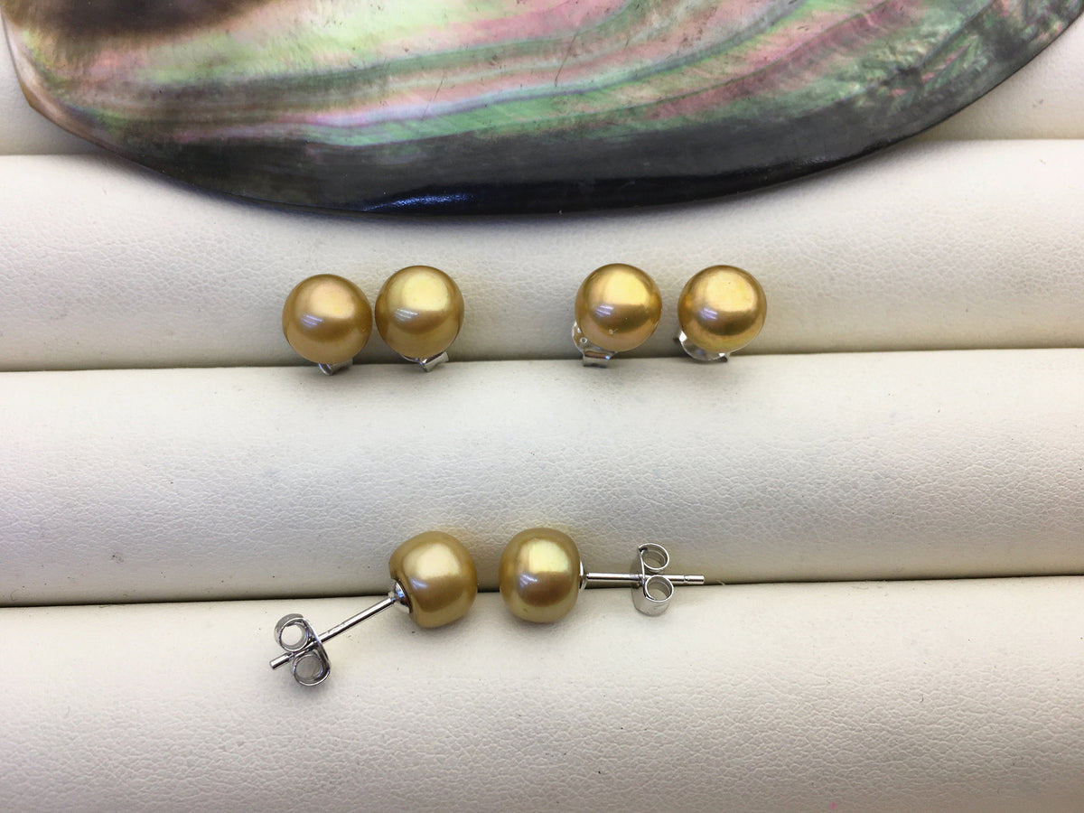 1 pair AAA 6/7/8mm Brown button round Pearl Stud Earrings,freshwater pearl earrings,Wedding,classic pearl studs,SE1-T3