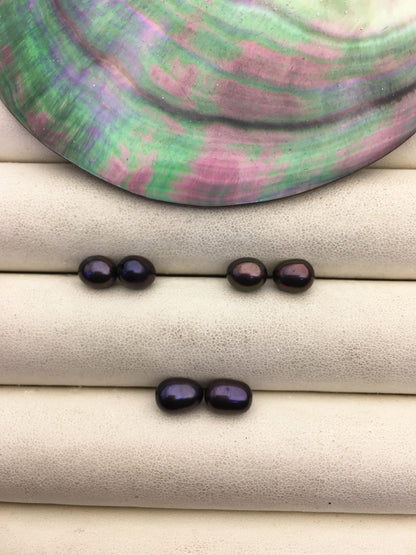 2 pairs AAA 6-6.5mm black rice freshwater pearls pairs,half hole,LR6-3A-1