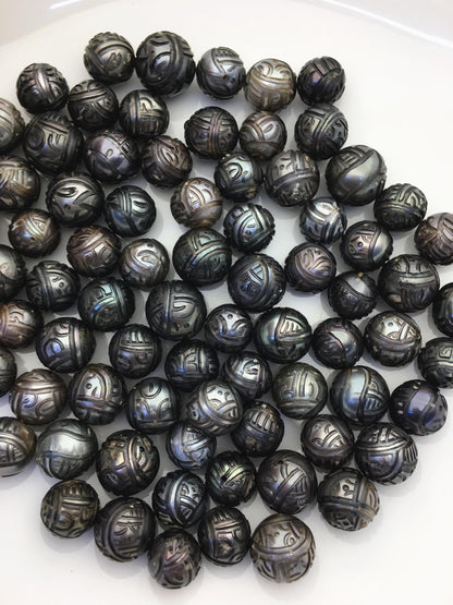 1pc AA 10-14mm Green Black Near Round Carved Tahitian Pearl - Hand Cared - Tattoo Tahitian Pearls, carved pearls, through hole,CAC-FLW-9-3