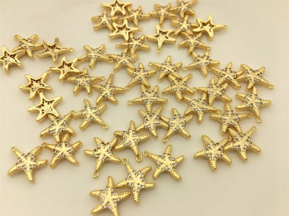 3pcs 11mm Gold Zircon Starfish Charm, Ocean Under the Sea pendant,Brass plated 14k gold,ACC-O-003