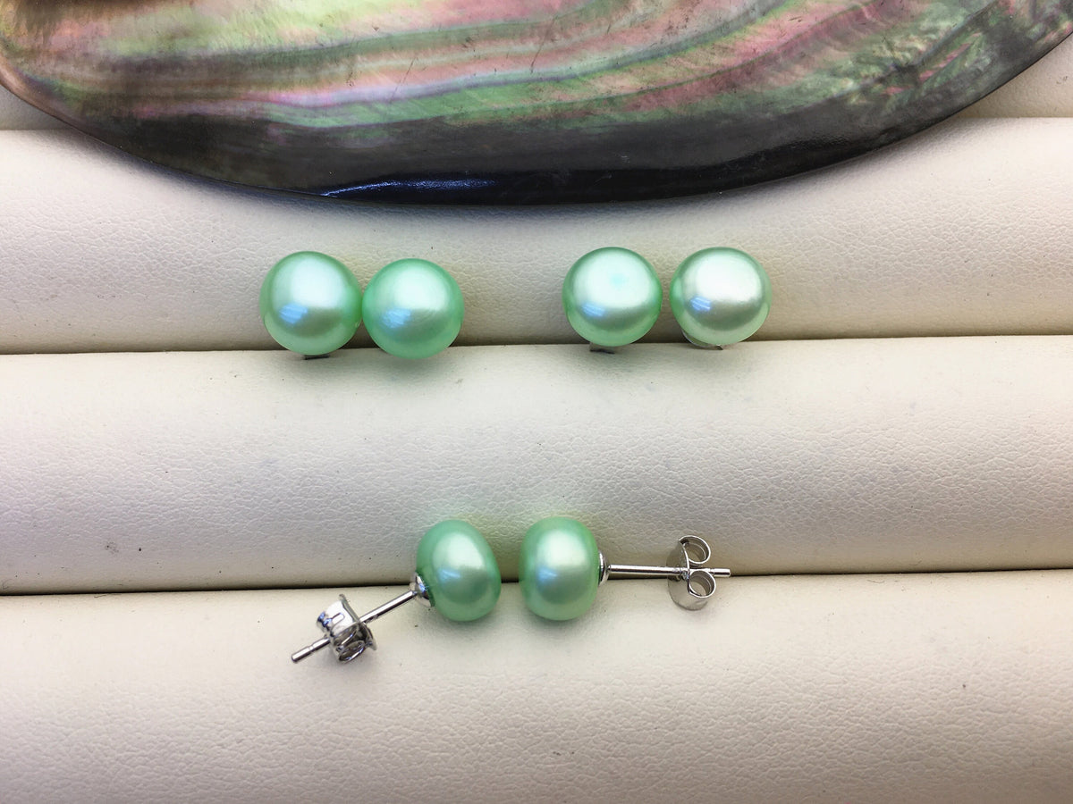 AAA 8-8.5mm Green Pearl earrings,Sterling Silver,Peacock Green Fresh Water Pearl Studs,Green pearl earring,SE1-T8