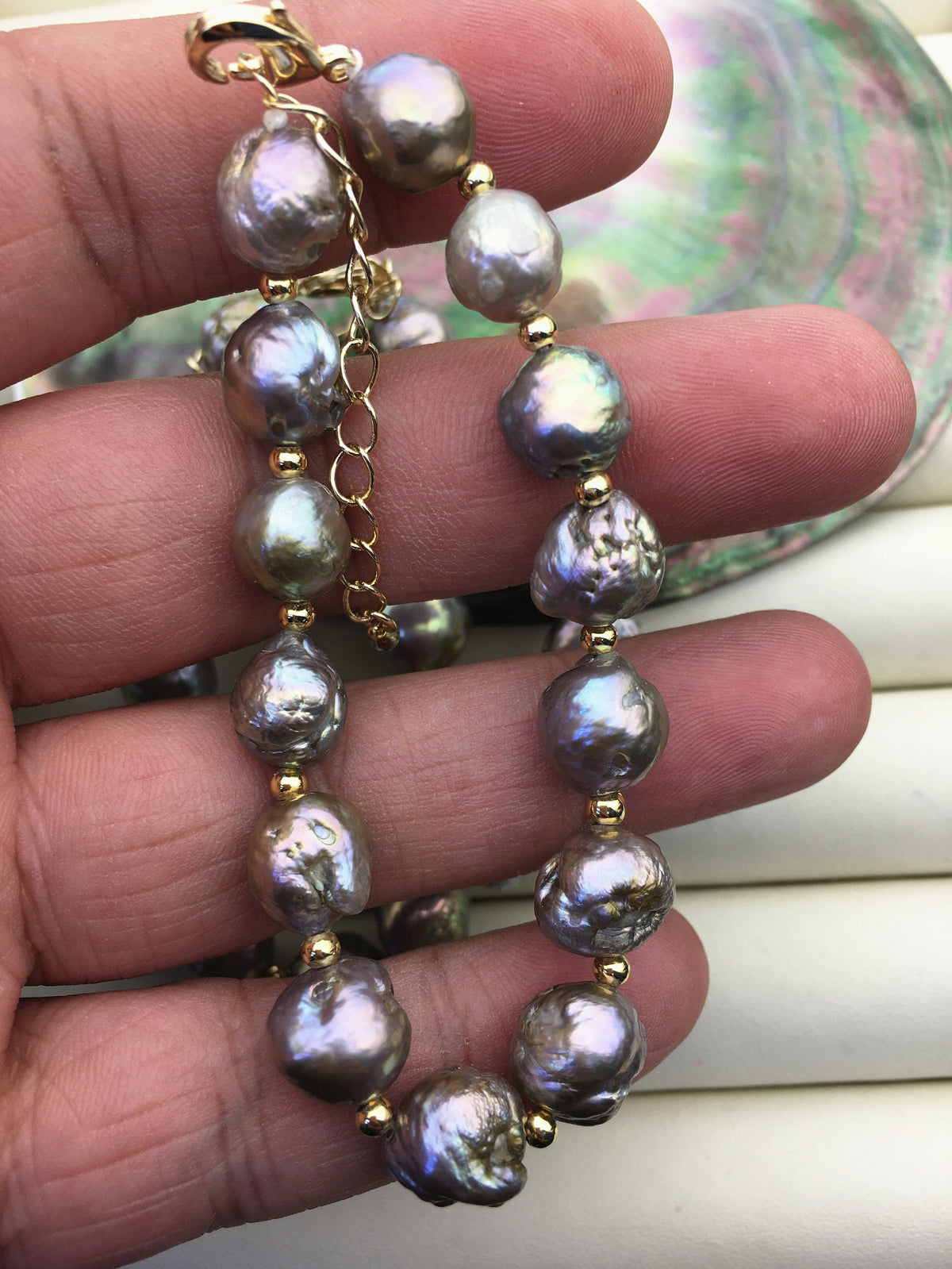 7+2'' AA 8-11mm gray rainbow edison baroque drop Freshwater pearl gold color chain Bracelet,B8-055-2