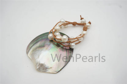 4 rows 12mm Big White Pearl leather bracelet, Rare Potato Nugget Shape pearl,Select leather color,Handmade Cuff,Le7-108