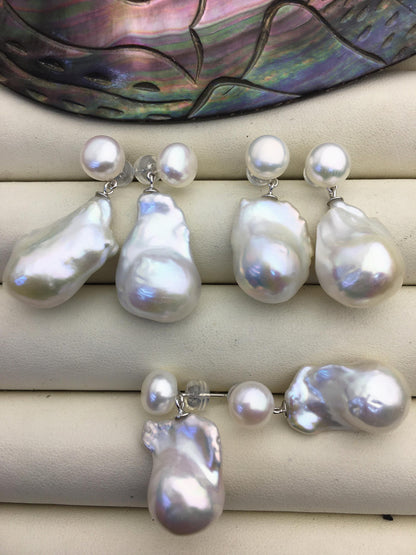 1 pair AAA 13-16mm flame ball pearl diamond stud earrings,sterling silver,earring with white baroque Natural Pearl,SE3-031-8