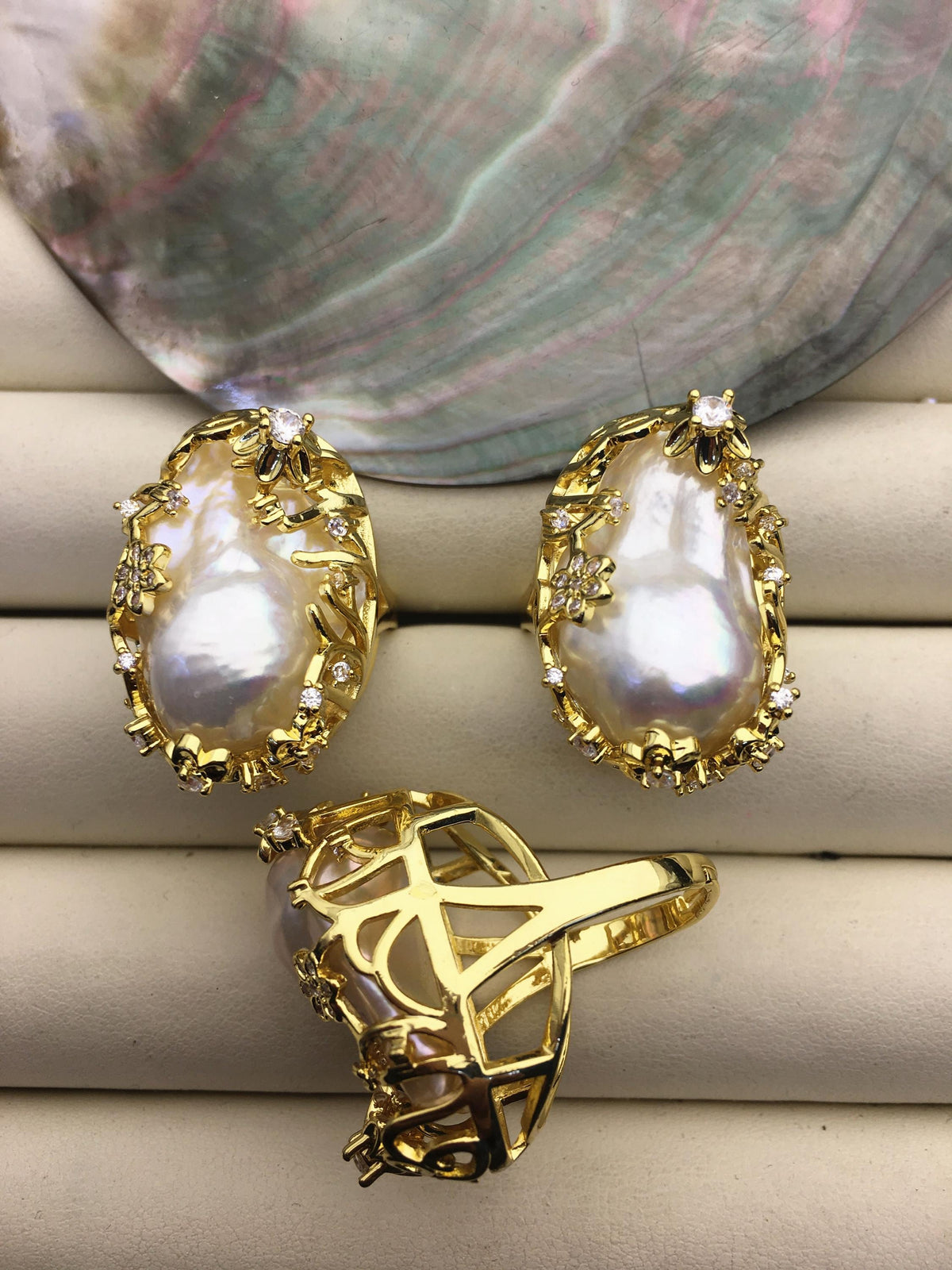 AAA Very Big White Rainbow Baroque Pearl Gold rings,affordable engagement rings,pearl wedding rings,promise rings for her,R1-004