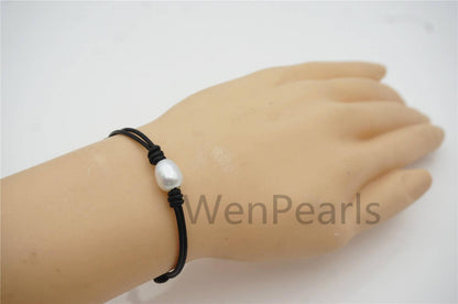lovely rice pearl Leather Pearls Bracelet - plait leather bracelet - Select Leather Color - Genuine freshwater pearl - Le7-103