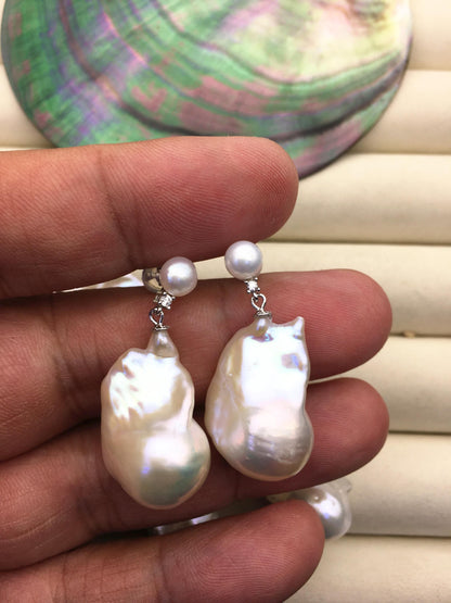 1 pair AAA 13-16mm flame ball pearl diamond stud earrings,sterling silver,earring with white baroque Natural Pearl,SE3-031-26