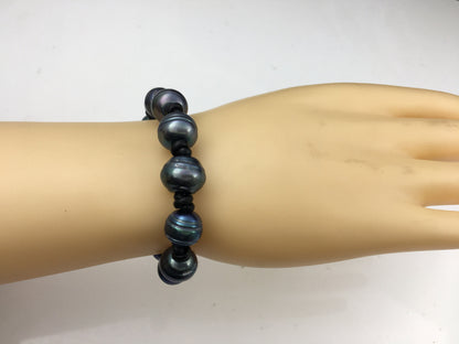 Metallic Blue Button pearl bracelet,Leather Pearls Bracelet, Handmade Cuff,Black Pearls on Brown Leather,Black leather bracelet,Le7-098