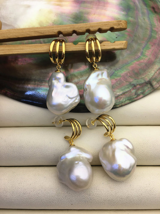 1 pair AA+ 14-16mmx20-28mm white flame ball pearl leaf stud earrings,earring with white baroque Natural Pearl,SE3-031-9