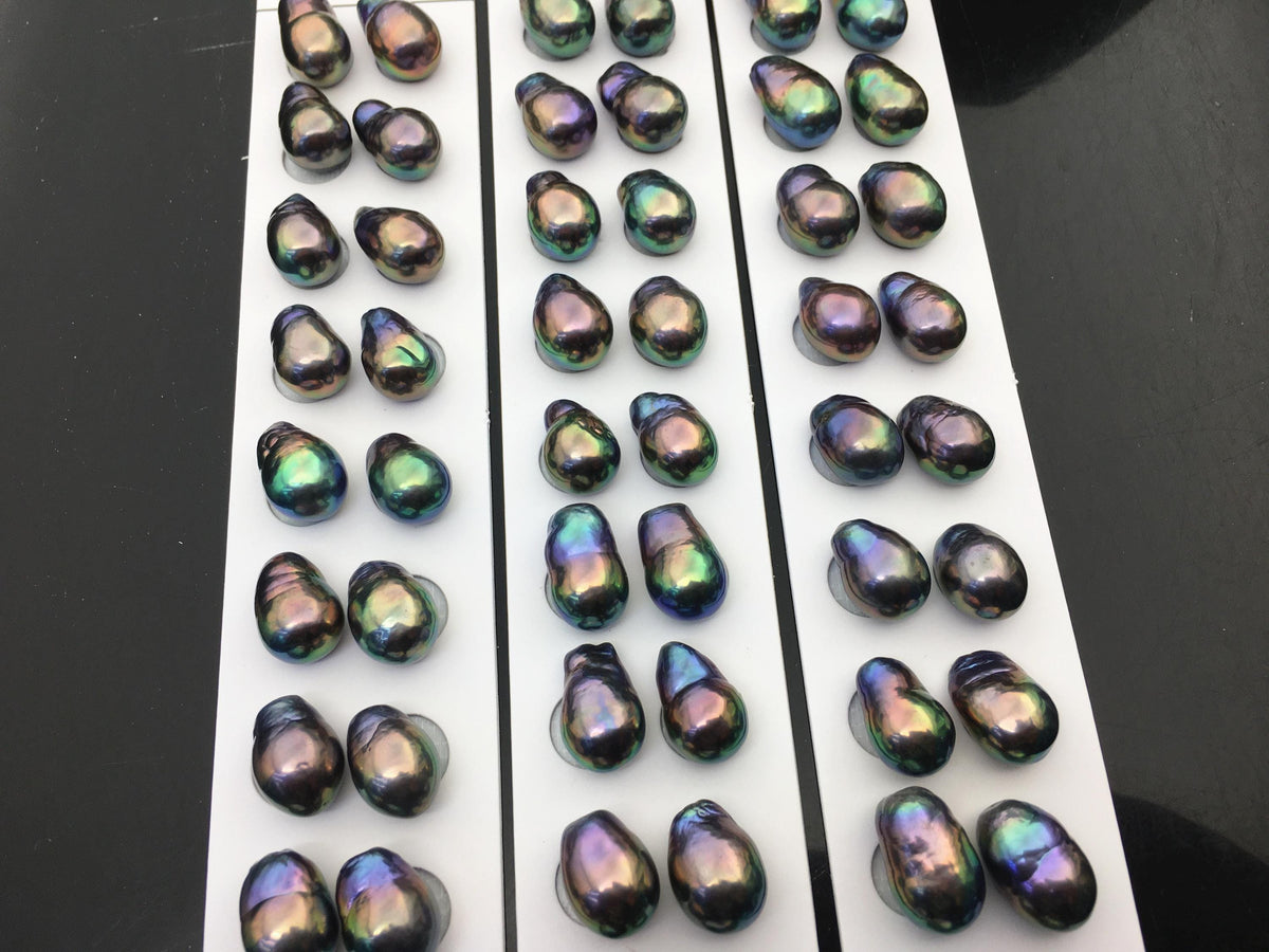 10pairs AAA 10-11mm Black Rainbow long baroque drop edison freshwater pearl Pair,top half hole,ED11-3A-2-29