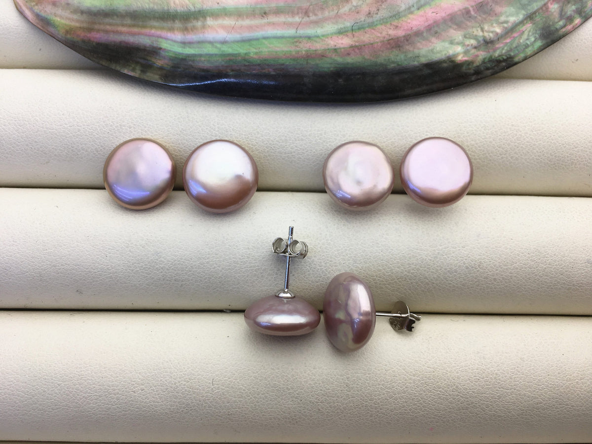1 pair AAA 11-12.5mm Purple Coin Fresh Water pearl stud earrings,S925 Sterling Silver,dangle pearl earrings,SE3-T29