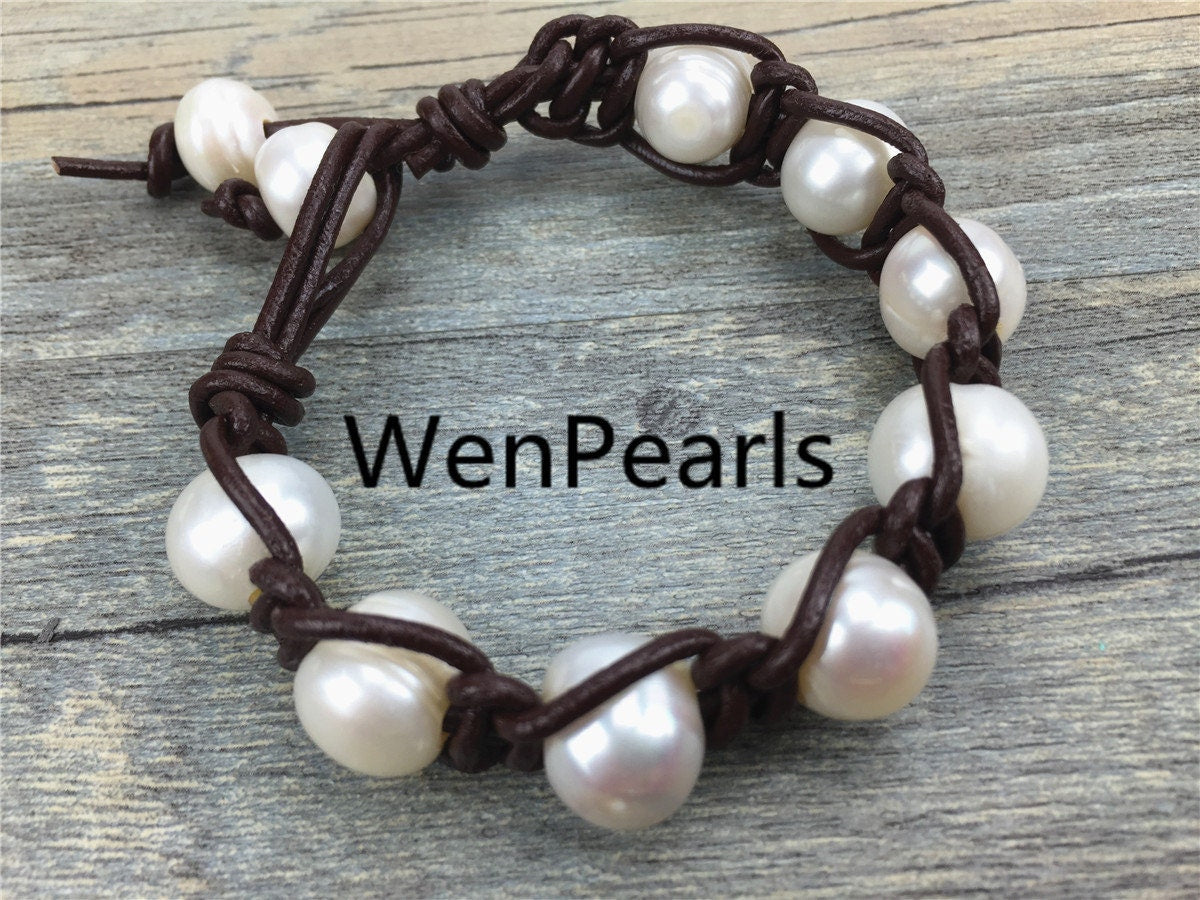 Big potato pearl bracelet,Leather Pearls Bracelet, Handmade Cuff,White Pearls on Brown Leather,Black leather bracelet,Le7-032