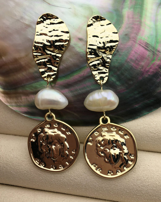 Gold Coin style White nugget pearl stud earrings,earring with white baroque Natural Pearl,SE3-121-2