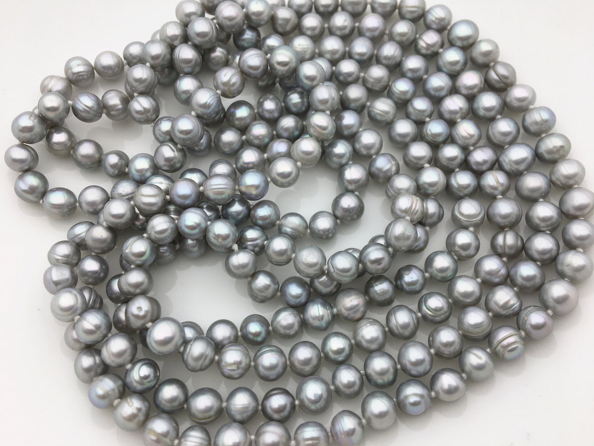 34''/51''/67'' 7mm Gray near Round Freshwater Pearl Necklace,mics color,dark gray Pearl necklace,gray round pearl,NPN1-142