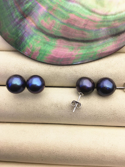 1 pair AA+ 9-10mm black round edison pearl stud earrings,S925 Sterling Sliver stud earrings,wedding pearl earrings,SE3-T9-59