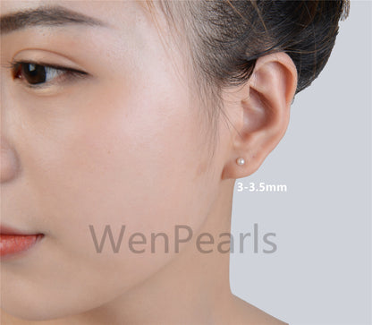 One pair tiny 2mm,3mm white pearl earring,ivory Pearl studs earrings,button round,Sterling Silver,kids stud,little girl earrings,SE1-008