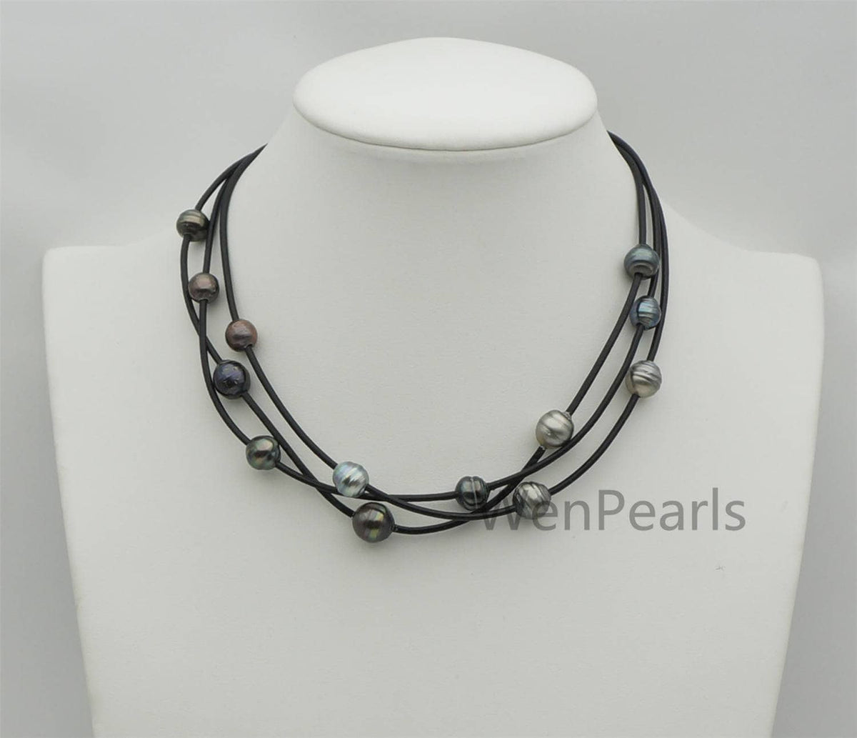 Tahitian Pearl and Leather Necklace ,Floating pearl and leather Necklace, Multi-Strand Pearls necklace ,Pearl and Leather necklace,Le11-024