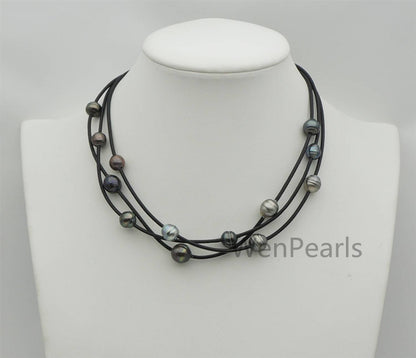 Tahitian Pearl and Leather Necklace ,Floating pearl and leather Necklace, Multi-Strand Pearls necklace ,Pearl and Leather necklace,Le11-024