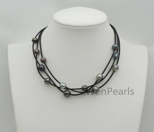 Tahitian Pearl and Leather Necklace ,Floating pearl and leather Necklace, Multi-Strand Pearls necklace ,Pearl and Leather necklace,Le11-024