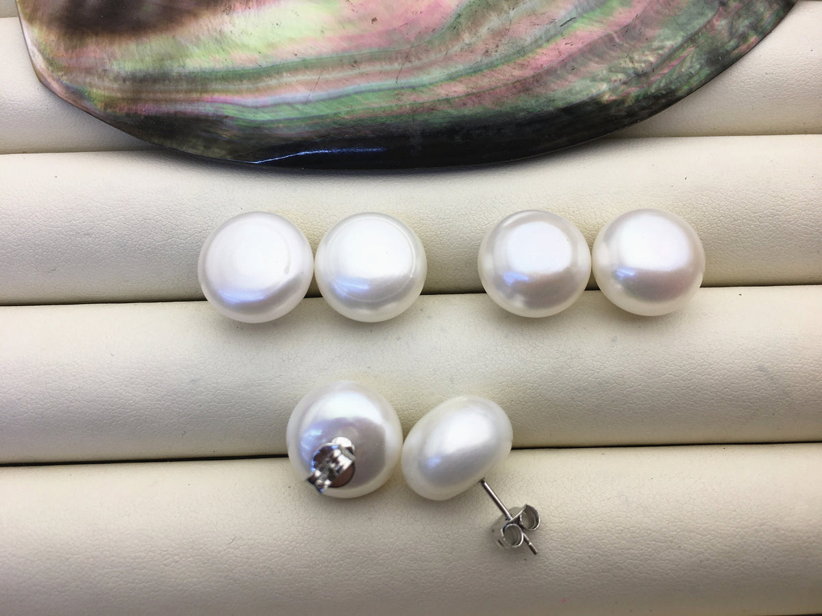 1 pair AA 13-14mm big white baroque round Pearl Stud Earrings,freshwater pearl earrings,Wedding,classic pearl studs,SE1-069-22