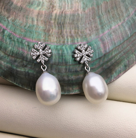 AAA 9mm Snow White rice pearl cz stud earrings,zircon S925 Sterling Sliver pearl earrings,pearl for women for girl,SE3-052
