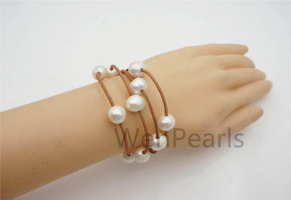 4 rows 12mm Big White Pearl leather bracelet, Rare Potato Nugget Shape pearl,Select leather color,Handmade Cuff,Le7-108