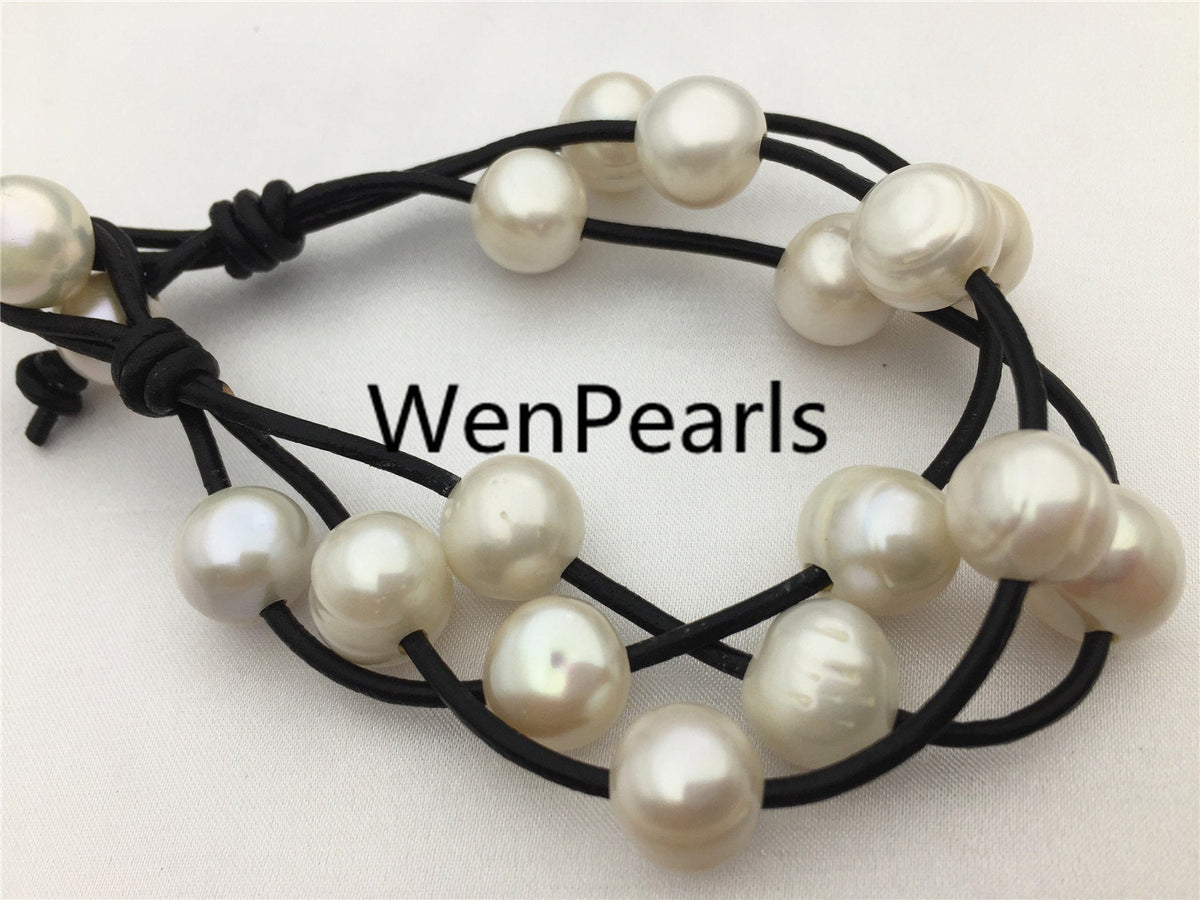 12mm potato pearl Bracelet,leather pearl bracelet, Handmade Cuff,White Pearls on Brown Leather,Black leather bracelet,Le7-075