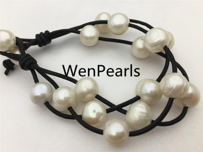 12mm potato pearl Bracelet,leather pearl bracelet, Handmade Cuff,White Pearls on Brown Leather,Black leather bracelet,Le7-075
