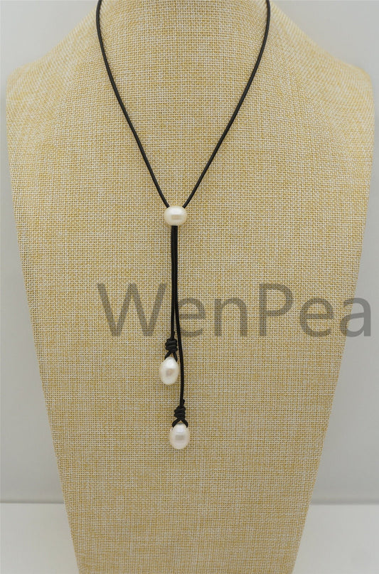 Two Drop Big White Pearl Leather necklace, White Freshwater pearl, Birthday,Black Leather Pearl necklace,Select leather color,Le4-065